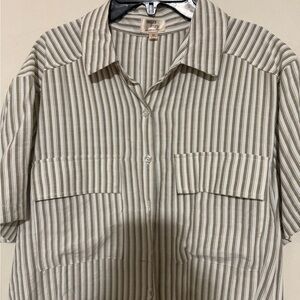 Dizzy Lizzy Medium Brown White Stripe Cropped Button Shirt Coastal Top Preppy